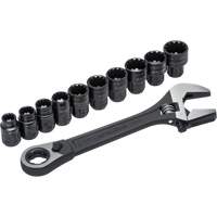 11-Piece Pass-Thru X6 Adjustable Wrench & Spline Socket Set, 13" L, 2-27/50" Max Width, Black Phosphate Meunier Outillage Industriel